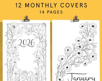 FLORAL MONTHLY COVERS | Bullet Style Journal Templates | 2026 Printable Flower Theme Bu Jo Junk Journal Starter Kit | Planner Refill Pages