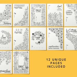 K&ouml;nnte beinhalten: Zw&ouml;lf schwarz-wei&szlig;e druckbare Stimmungs-Tracker-Seiten mit floralen Designs. Jede Seite ist mit einem Monat des Jahres beschriftet. Der Text "12 einzigartige Seiten enthalten" befindet sich am unteren Rand des Bildes.