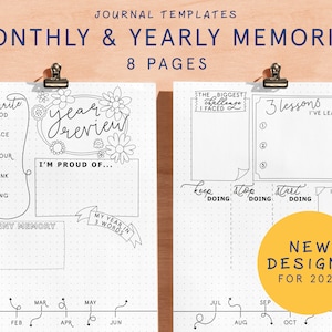 May include: Black and white printable journal pages with dotted backgrounds. The pages include prompts for a year in review, including favorite food, place, color, drink, song, a funny memory, and a year in three words. There are also prompts for the biggest challenge faced, three lessons learned, and things to keep, stop, and start doing.