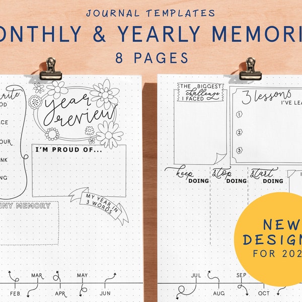 MONTHLY & YEARLY MEMORIES | Printable Bullet Style Journal Template Pages | 2024 Bujo Starter Kit | Digital Planner Insert Refill Supplies