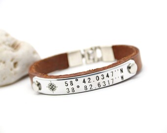 Custom Coordinates Mens Personalized Leather Bracelet Latitude Longitude  GPS Coordinates Leather Cuff Leather Bracelet Mens Bracelet Gift