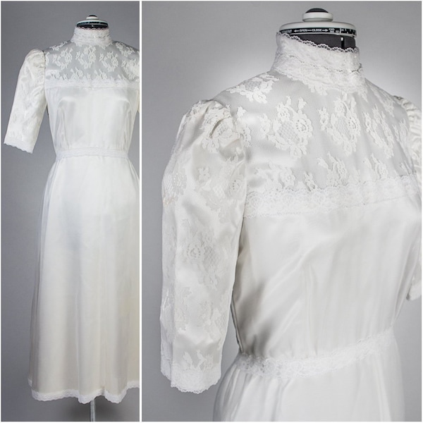 Dainty Ivory Lace and Satin 1960s Tea-Length Wedding Dress, Small