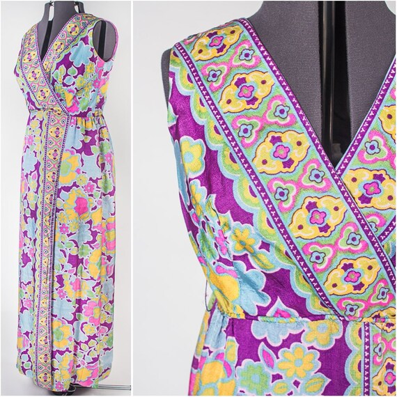 Long 70's Flower Power Hostess Split Skirt Dress
