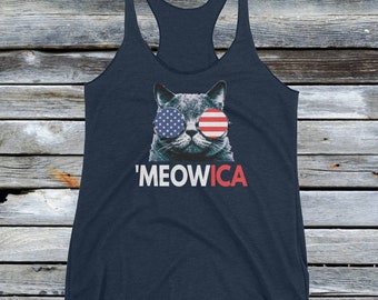 Women's Meowica Tank Top Shirt - Funny 4th Fourth of July Shirts Girl's - Cat with American Flag Sunglasses Labor Day