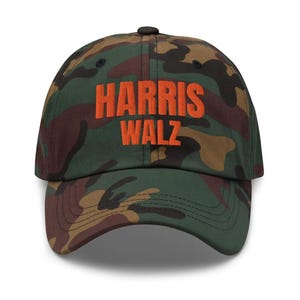 Kamala Harris Tim Walz Camo Camouflage Hat with orange lettering