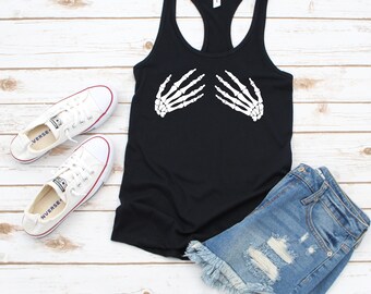 Lady's Skeleton Hands Bra Tank Shirt - Funny Halloween Shirts, Skeleton Hand Shirt