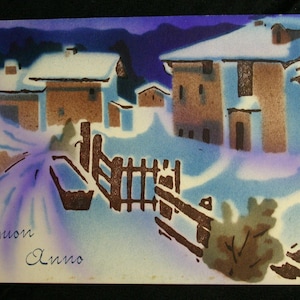 Cartão postal da década de 1920 - Feliz Ano Novo - Paisagem de inverno