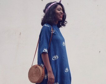 Indigo Summer Comfy Dress, Blue Women Cotton Dress, Block Printed Outfit for Her