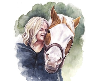 People portrait from photo Horse and girl portrait Pet and people painting Custom portrait of horse and owner Gift for a horse lover