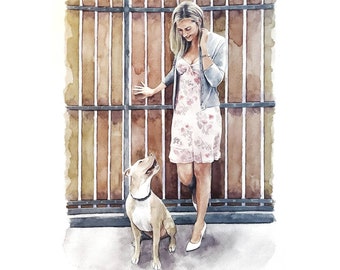 Painted people portrait from photo Dog mom gift Dog lovers gift Woman and dog portrait Custom family portrait Couple portrait