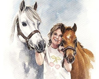 Aangepaste portret mensen met huisdier van foto Gepersonaliseerde paard en meisje schilderij Paardentrainer cadeau Aangepaste paardeneigenaar cadeau Paard gedenkteken