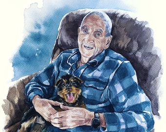 人物のカスタム肖像画水彩画、パーソナライズされた家族への贈り物、犬の飼い主、男性と犬の肖像画、カスタム家族の肖像画、手描きの犬の追悼