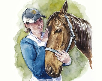 Gepersonaliseerde mensenportret van foto Aangepaste paardentrainer cadeau Paardenliefhebber cadeau Paard en meisje schilderij Paardeigenaar illustratie