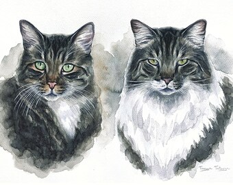 Aangepaste twee katten portret gepersonaliseerde kat schilderij kat eigenaar cadeau kat herdenkingscadeau kat minnaar cadeau kat illustratie