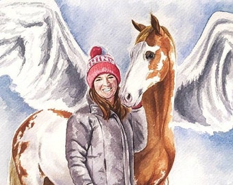 Custom Woman and Horse Memorial Portrait, Personalized Watercolor Painting, Rainbow Bridge Horse Tribute, Horse Owner Keepsake