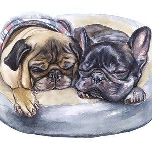Ritratto di cane dipinto su misura, regalo per il proprietario del cane, dipinto di un carlino, dipinto di un bulldog francese, arte personalizzata per cani, regalo commemorativo per cani, disegno di due cani.