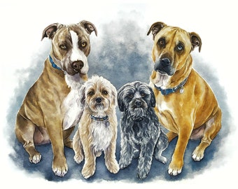 Custom four dogs portrait from photo Dog lovers gift Painted pet portrait