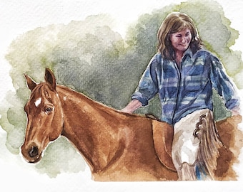 Retrato personalizado de caballo y jinete a partir de una foto, pintura de caballo en acuarela personalizada, regalo ecuestre pintado a mano, retrato conmemorativo de caballo.