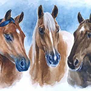 Ritratto di cavallo personalizzato da foto Regalo per il proprietario del cavallo Dipinto di tre cavalli Regalo per addestratore di cavalli Vero dipinto ad acquerello di cavalli