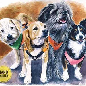 Ritratto personalizzato di quattro cani dipinto da una foto Regalo per amanti dei cani Dipinto di cane personalizzato Vero ritratto di cane ad acquerello Regalo commemorativo per cani