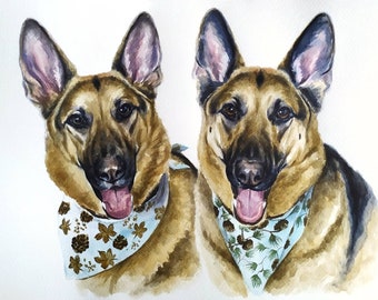 Custom portrait two dogs Personalized dog painting Dog owner gift Shepherd painting Personalized dog illustration