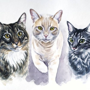 Ritratto di gatto personalizzato Dipinto di gatto ad acquerello da foto Regalo per il proprietario del gatto Illustrazione personalizzata di tre gatti Regalo commemorativo per gatto Gatto dipinto a mano