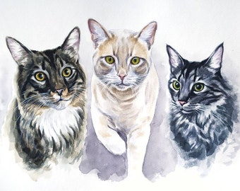 Custom cat portrait Watercolor cats painting from photo Cat owner gift Personalized cat illustration Cat memorial gift