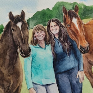 Ritratto personalizzato di cavalli e persone, ritratto di famiglia personalizzato, disegno di un cavallo, regalo commemorativo, arte di cavalli e donne, regalo per addestratore di cavalli
