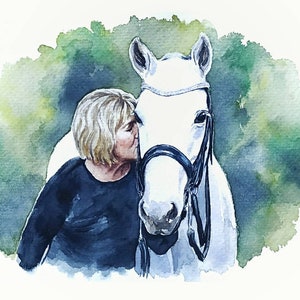 People portrait from photo Horse and woman portrait Pet and people painting Custom portrait of horse and owner Gift for a horse lover image 1
