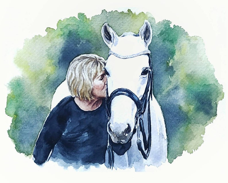 People portrait from photo Horse and woman portrait Pet and people painting Custom portrait of horse and owner Gift for a horse lover image 1