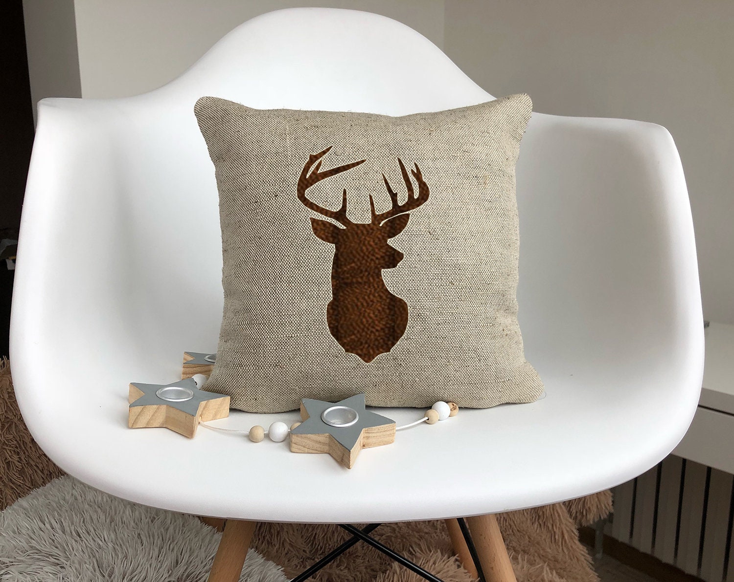 Deer Antlers Pillow Cover Rustic Natural Burlap Deer Head Etsy