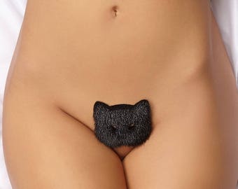 Cat face black lustrous Merkin, Pubic decoration (027M-SE)