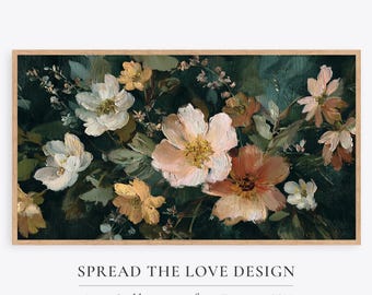 Flower Painting Frame TV Art, Antique Dark Green Peach Wildflower Screensaver, Earthy Organic Floral Vintage Botanical Summer Decor