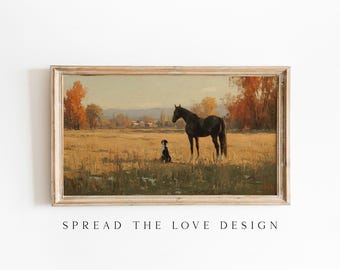 Vintage Horse Painting, Rustic Frame TV Art, Landscape Spring Fall Painting Tv Screensaver (Digital Download)