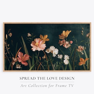 Flower Painting Frame TV Art, Antique Dark Green Wildflower Screensaver, Earthy Organic Floral Vintage Botanical Summer Decor