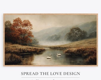 May include: A framed landscape art print featuring a serene river scene with two swans. The artwork has a muted color palette with a prominent red tree and text that reads "SPREAD THE LOVE DESIGN" and "Art Collection for Frame TV".