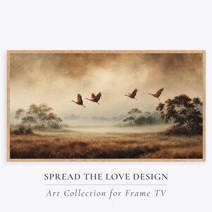 Vintage Crane Autumn Landscape Oil Painting, TV Art (Digital Download)