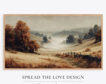 May include: A framed landscape print featuring a serene valley scene with rolling hills, trees, and a misty atmosphere. The artwork is dominated by warm, earthy tones of brown, gold, and beige. The text at the bottom reads "SPREAD THE LOVE DESIGN" and "Art Collection for Frame TV."
