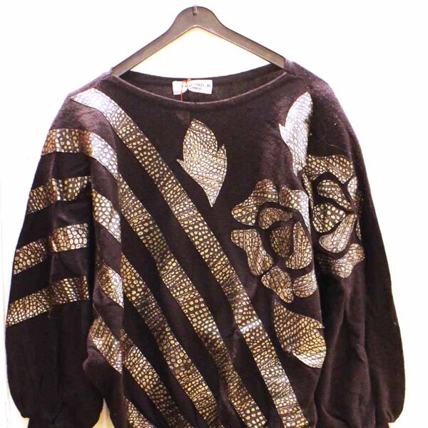 Des années 1980, pull en laine en noir des motifs en cuir noir et bronze, fabrication italienne, neuf, taille 44, EdmondK, vintage