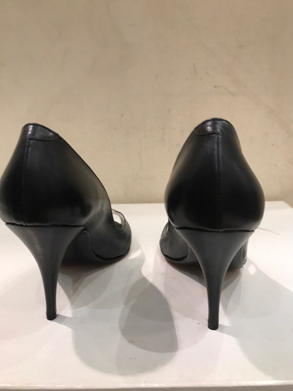 Escarpins Vintage Années 80 En Cuir Noir - Bout Ouvert Motifs Cœurs - Taille 40,5 - Neuf Sans Emballage