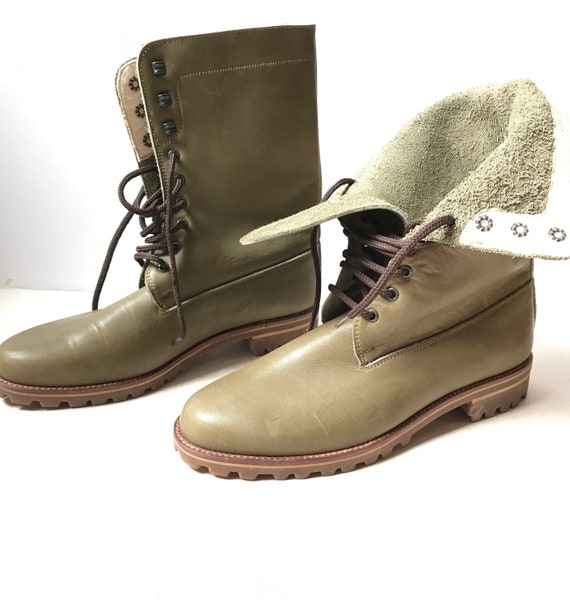 Botas planas vintage en piel caqui con cordones 100% cuero | Etsy México