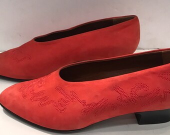 80's,escarpins en daim rouge vintage, Made in Italy, Taille 39,5 UK 6,5  US 8,5/via ca-bre