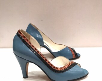 Vintage escarpins bout ouvert/ cuir bleu et python noir et orange 100% cuir/des années 70/Italie/taille UE 36,5