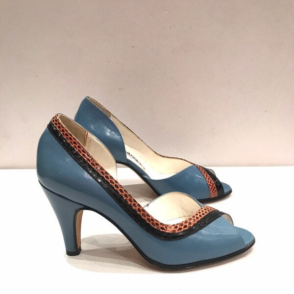 Vintage pumps open toe/ blue leather and python black and orange 100% leather/70s/Italy/size EU 35.5 US 4.5 UK 2.5