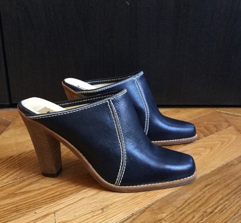 blue leather mules