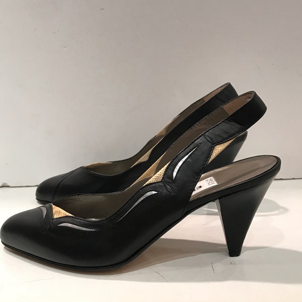 Escarpinsvintage 80’s en cuir noir/argent et python beige / bride arrière/Taille 35,5/U.S 4.5/UK 2.5/s/Fabrication italienne