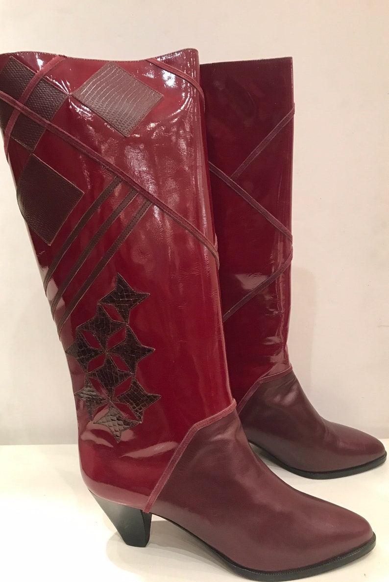 Vintage burgundy patent leather boots decorated with python patterns / Made in Italy, 100% leather, size Ue 39 UK 6 US 8 new image 6