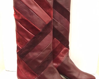 Incredible 70s boots in leather, python and Bordeaux suede Italian manufacturing /100% leather/new/size 41