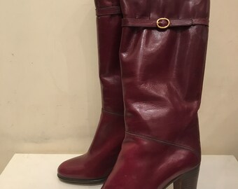 New /Burgundy leather boots /high heels/vintage 70s /pegobo/Made in Italy/100% leather/size 35 US 4 UK 2