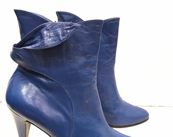 Bottines des années 70 en cuir bleu électrique, taille 41